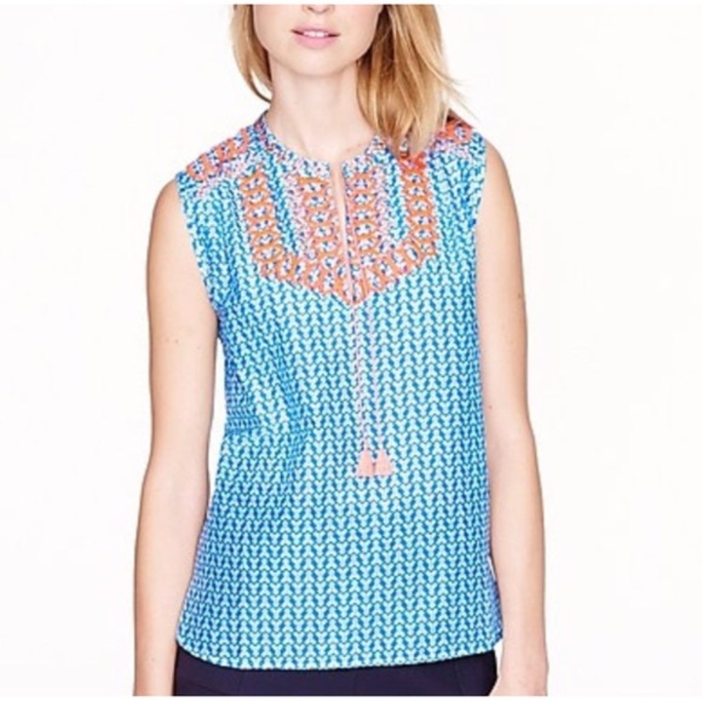 J CREW Embroidered Tassel Tank Top Blue White Neon Pink Size 8